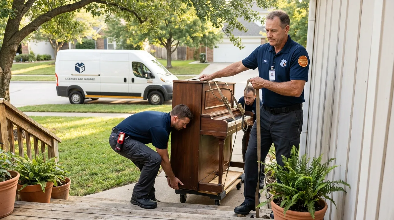 Licensed piano movers securing grand piano in Genoa City, WI