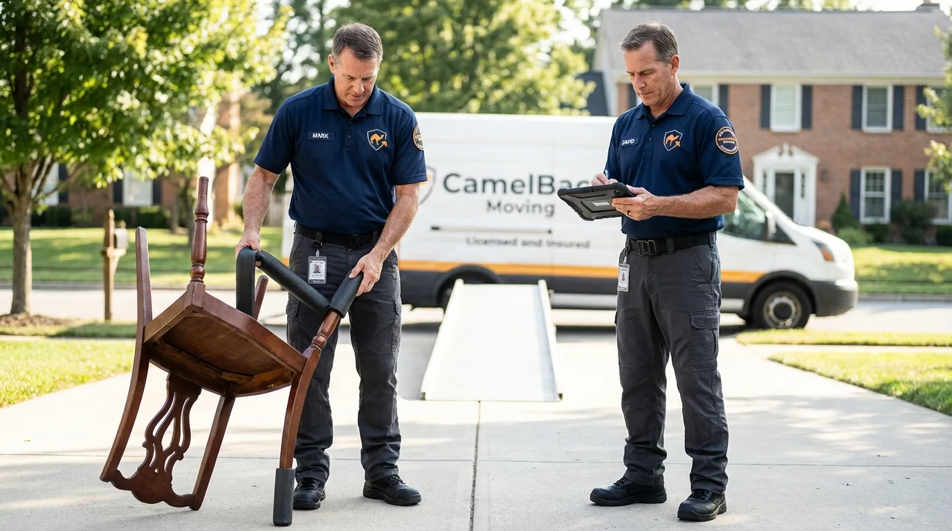 Movers inspecting furniture for damage prevention before loading in Genoa City, WI