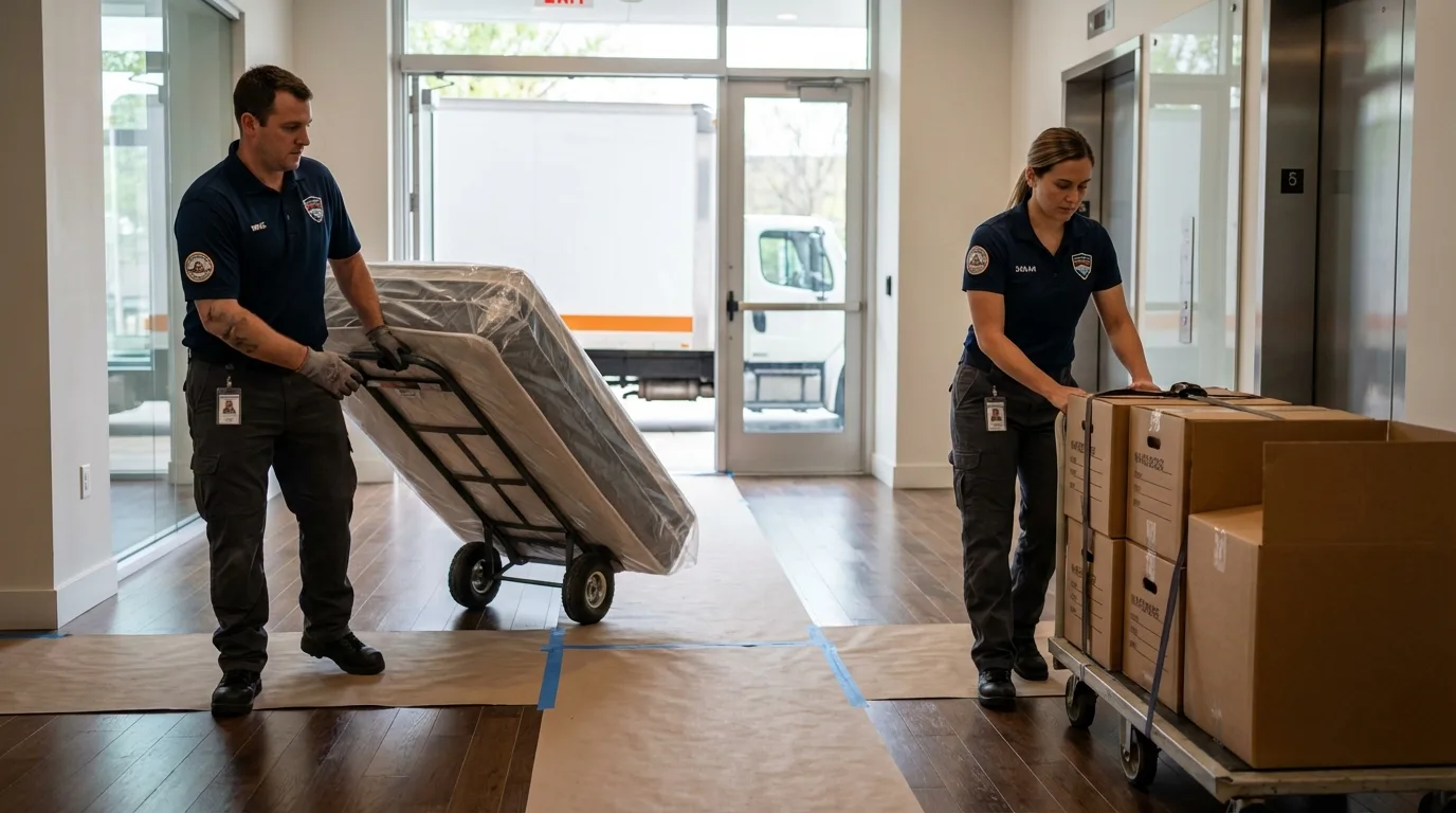 Professional apartment movers loading elevator in Genoa City, WI