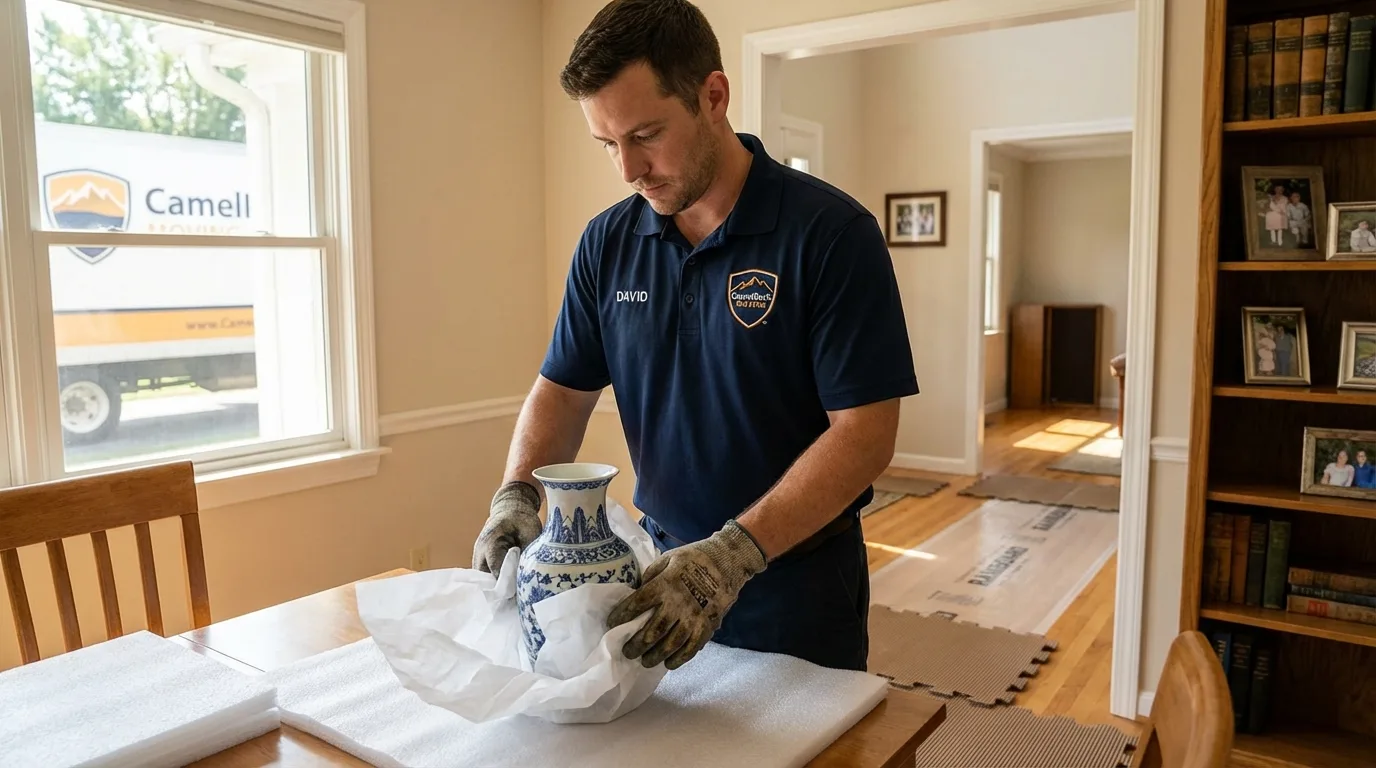 Professional crew carefully wrapping antique vase for senior downsizing move in Genoa City, WI