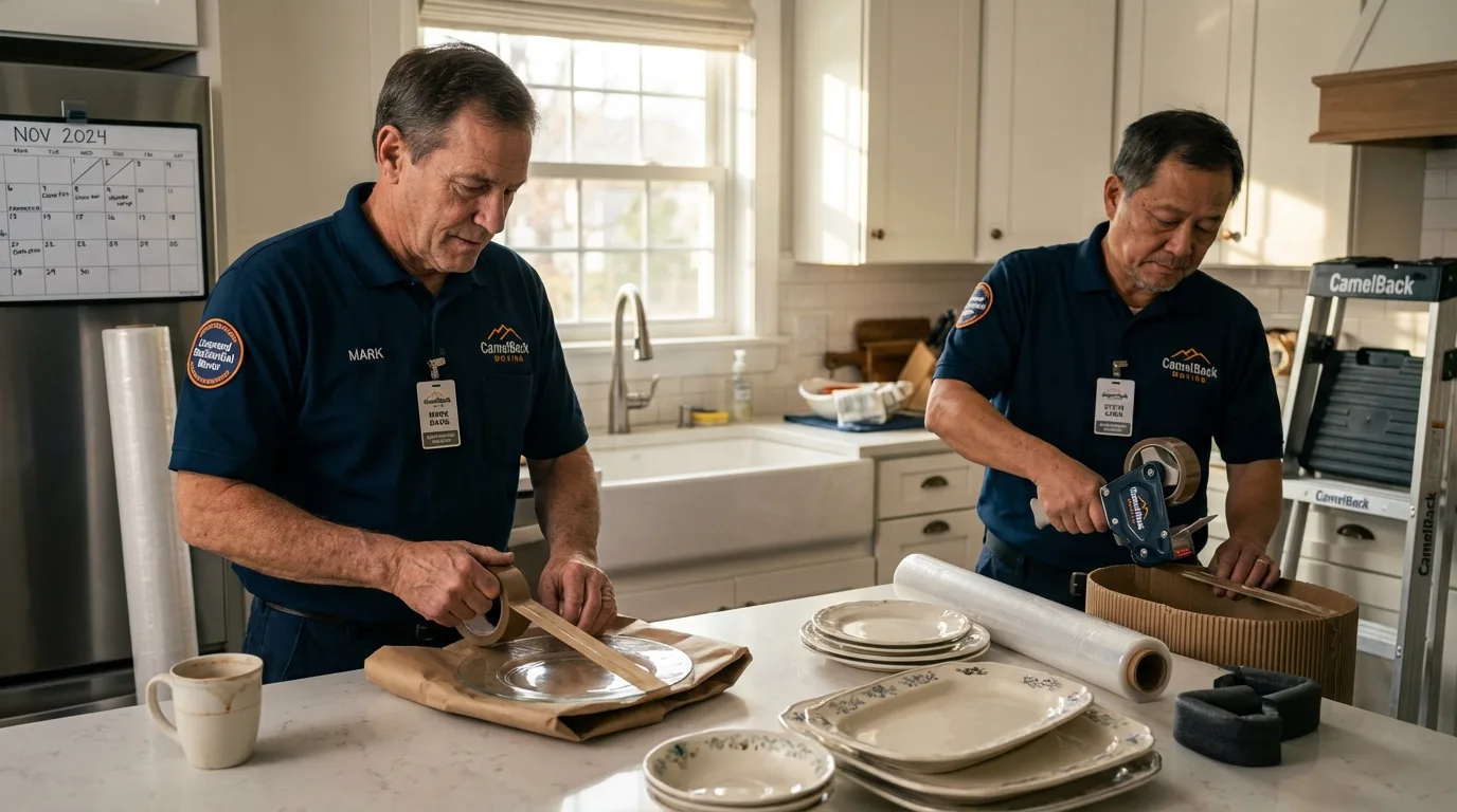 Professional crew packing kitchen dishware in Genoa City, WI